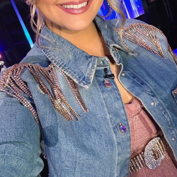 Forever 21 BEADED RHINESTONE Embellished Tassels Denim Crop Jacket Medium - Picture 13 of 13